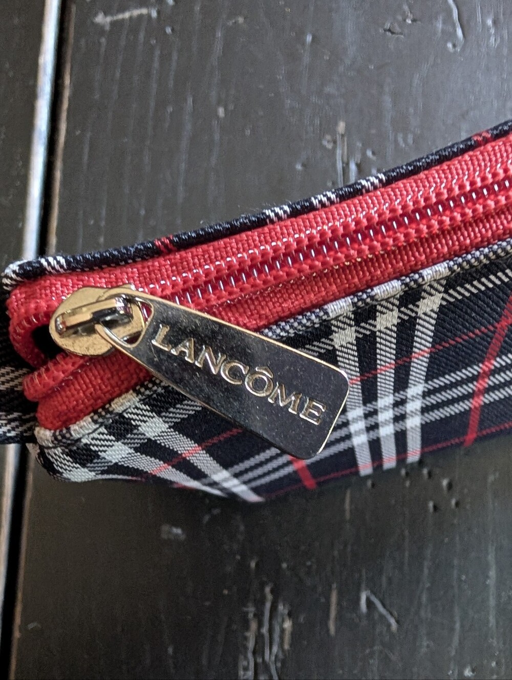Lancôme Tartan Black Red and White Plaid Cosmetic Pouch Travel Size Bag
